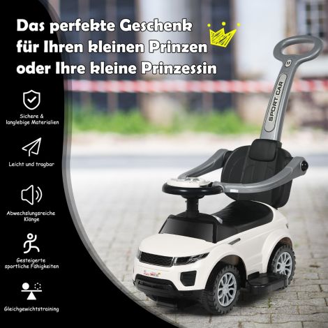 3-ühes tõukeauto, lükatav auto, sõiduk eemaldatava lükkesanga ja kaitsekaarega, valge