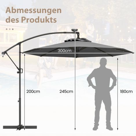 300 cm päikesevari 32 päikese-LED valgusti ja vändaga aiavari turuvari hall