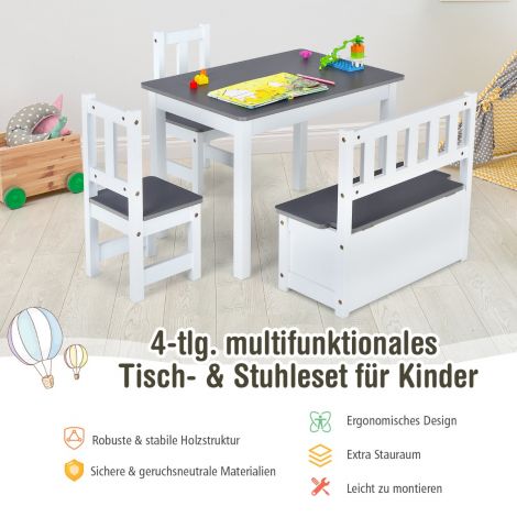 4-osaline puidust laste istumis- ja lauakomplekt hall + valge