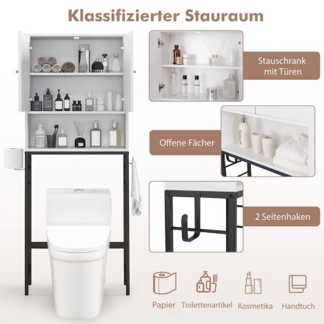 Vabalt seisev tualetikapp, tualetiriiul 2 ukse ja 2 konksuga, 63 x 23 x 165,5 cm, valge