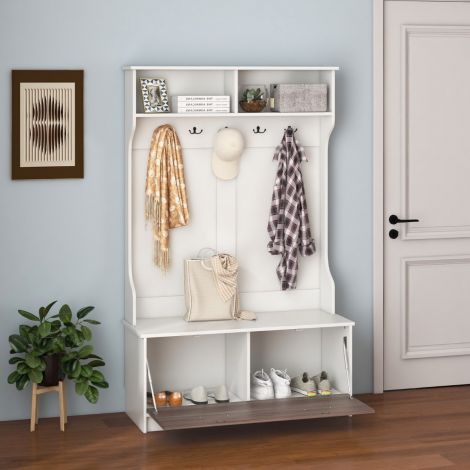 Riidenagi pingiga ja 5 topeltkonksuga esiku garderoob 100 x 40 x 160 cm valge