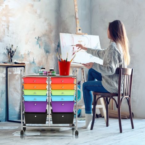 Ratastel metallraamiga rullkäru, 12 sahtliga, piduritega, mitmevärviline