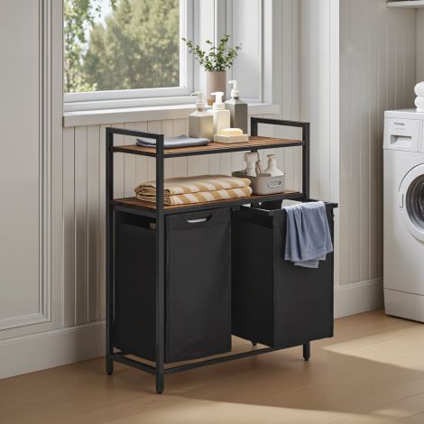 Pesukorv, pesukoguja, 2 sektsiooni, 2 riiulit, metallraam, 2 x 46 liitrit, 73 x 33 x 91 cm, vintagepruun-must BLH211B01