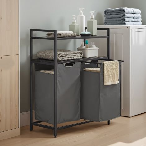Pesukorv, pesukoguja, 2 sektsiooni, 2 riiulit, metallraam, 2 x 46 liitrit, 73 x 33 x 91 cm, vintagepruun-must BLH211B01