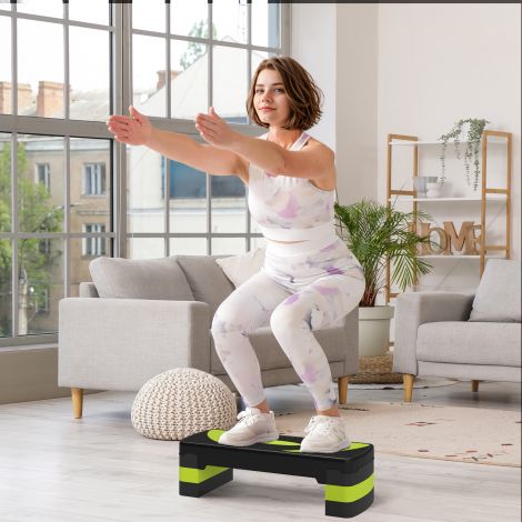 Aerobikastepiga stepipink, reguleeritava kõrgusega 3 astet (10/15/20 cm) fitness kodune treeningseade siseruumidesse ja välitingimustesse, kandevõime kuni 150 kg, roheline
