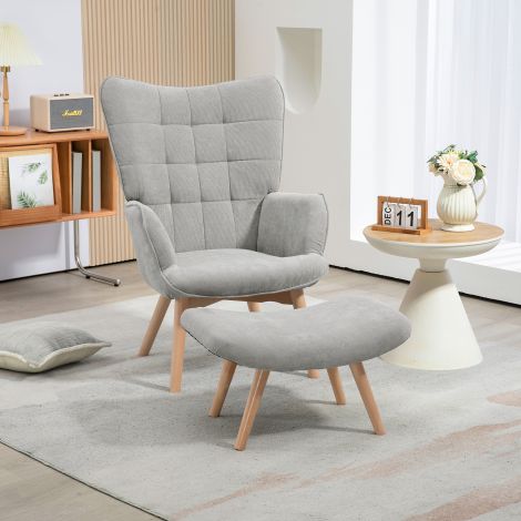 Kõrge seljatoega tugitool koos jalapingiga, lõõgastustool, polsterdatud tugitool nöörkangast, lounge-tugitool, käetugedega tool puidust jalgadega, tugitool elutuppa, hall.