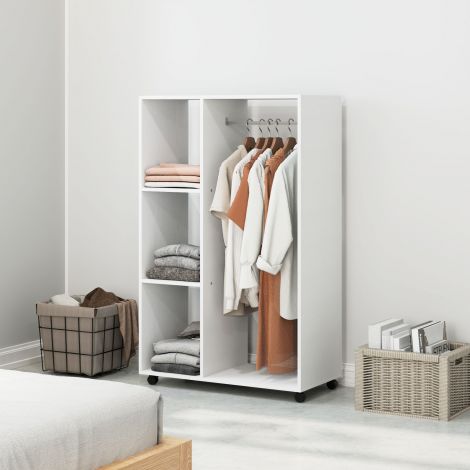 Riidekapp ratastel, mobiilne garderoob, 1 riidepuu, 3 riiulit, garderoobikapp, ratastel riidestange esikusse, magamistuppa, 80 x 40 x 128 cm, valge