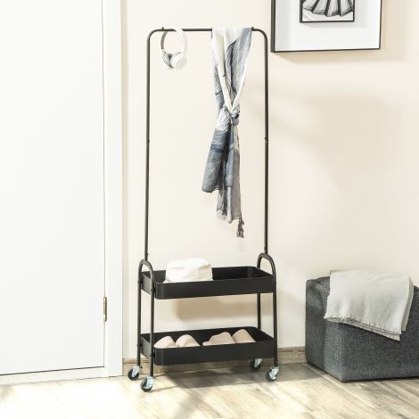Riiul ratastel, riidenagi riidepuuga, jalanõude riiul, iseseisev terasest riidenagi, elutuppa, magamistuppa, kuni 16 kg kandevõimega, must