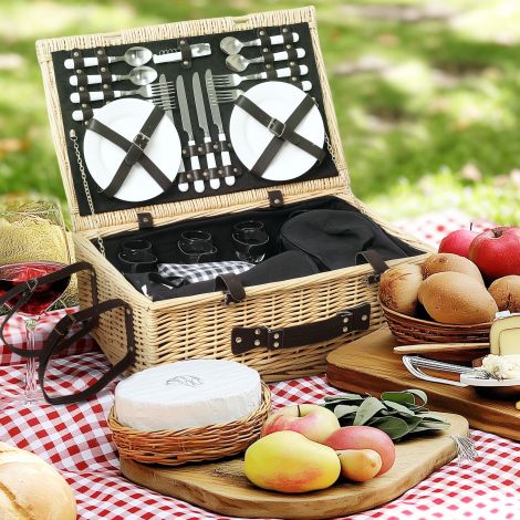 Pajuvitstest piknikukorv 4 inimesele isoleeritud jahutuskambriga piknikutekk söögiriistade komplekt, piknikukomplekt täiskomplekt telkimiseks randa jõuludeks naturaalpuit.