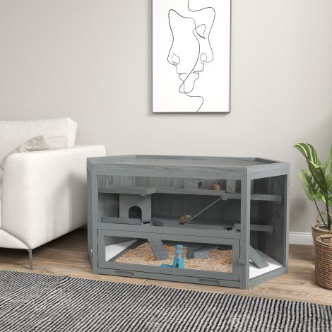 3-korruseline näriliste puur, 6-nurkne väikeloomade puur, puidust väikeloomade maja, hiirepuur, hamstripuur kokkupandava kaanega, vaateaken, kaldtee, 115 x 60 x 55 cm hall