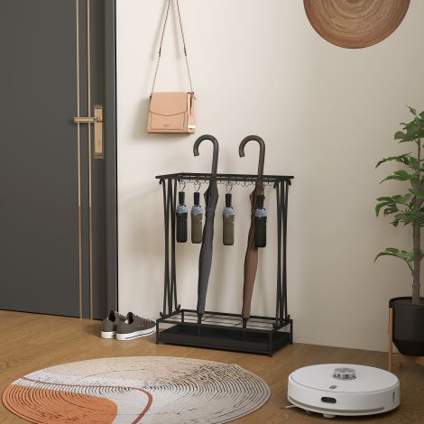 Vihmavarjualus terasest vihmavarjualus, ristkülikukujuline vihmavarjude hoidja 24 konksu, 21 auguga, eemaldatav veeanum jalutuskepid ja vihmavarjud 50 x 24 x 68 cm must.