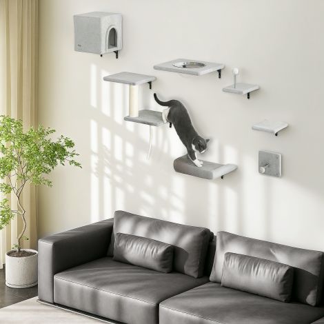 PwaHut ronimissein seintele kassidele, 7-osaline kasside ronimisseina komplekt koos kassimaja, platvormi, kraapimispuu rippuva palliga, plüüsist seinakraapimispuu, kassimööbel kassidele kuni 5 kg, hall