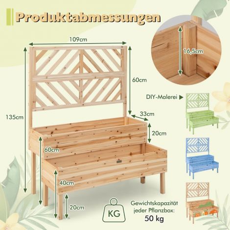 Kahekordne aiapeenar trellisega, puidust tõstetud istutuskast jalgadel 109 x 62 x 135 cm naturaalne
