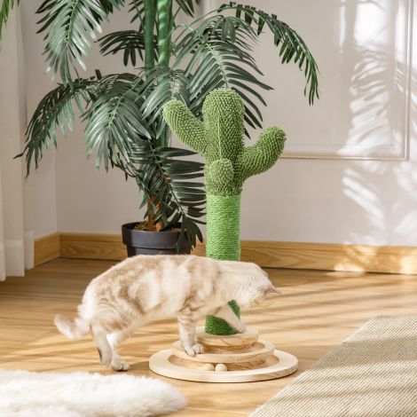 Kasside kraapimispuu kaktuse disainiga 60cm männipuidust ja sisalköiega, puidust mänguasjaga roheline ja naturaalne.