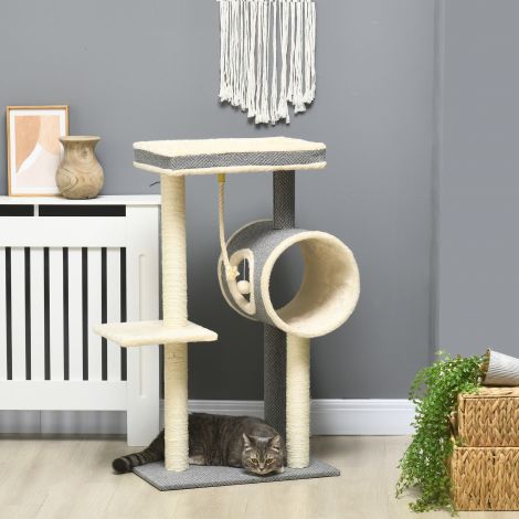 Kassipuu 104 cm kassipuu koos kassikoopaga, kassikraapimispuu mängupalliga, kassipuu 2 lamamispinnaga, ronimispuu kassidele kuni 5 kg, kassimööbel, sisal, hall
