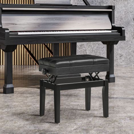 Klaveripink Kõrgusreguleeritav klaveritool hoiuruumiga, nahast padi, must, 63x35x46-56 cm| Aosom