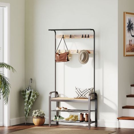 Riidenagi, garderoob, jalanõuderiiul istmega, riidenagi 9 eemaldatava konksuga, istepink, 2 võreriiulit, 183 cm kõrge, tööstusdisain, vintagepruun-must HSR400B01