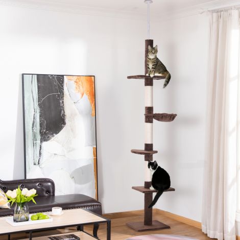 Laeni ulatuv kraapimispuu, reguleeritava kõrgusega, stabiilne kassipuu sisalpostidega, kasside ronimispuu, pruun, 40 x 34 x 230-260 cm