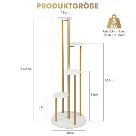 122,5 cm kõrgune neljaastmeline metallist lillealus kuldse metallraamiga, valge