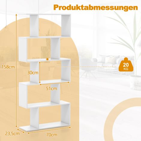 5-astmeline raamaturiiul ümberminekukaitsega, vabaltseisev ruumijagaja, dekoratiivne väljapanekuriiul, valge