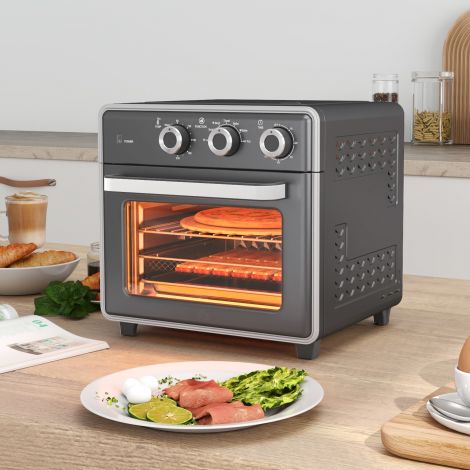 Miniahj koos ventilaatoriga 20L mini ahi koos küpsetusplaadi, grillresti ja puruplaadiga, 90 °C-230 °C kuumaõhufritüür 5 režiimiga, fritüürikorv, 60 min. taimer, 1400W, metall