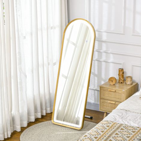 Täispikk peegel LED-valgustusega, hämardatav, seinapeegel ja põrandapeegel, garderoobi peegel puutetundliku lülitiga, kuldne 47x146 cm.