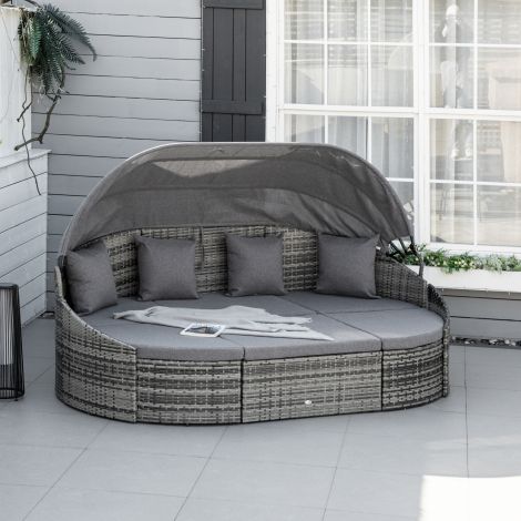 Rotangist päikesesaar, 4-osaline päikesevarju ja istumisosaga, 4 padja, metallhall, 230 x 145 x 80 cm aeda ja terrassile.