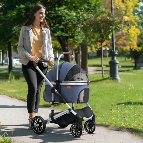 Koerakäru 3-ühes koerakäru kokkupandav koertele ja kassidele kuni 10 kg kassikäru padjaga topsihoidja võrgaknad uksed hoiukorv kassikäru käru tumesinine