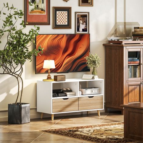 TV-kapp madalalusega, 2 riiulit, sahtel, 99 cm pikkune telerilaud teleri jaoks, TV-alus elutuppa, valge