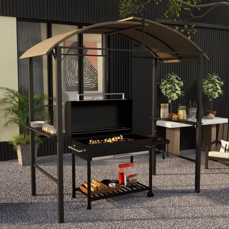 BBQ grillipaviljon 1,1 x 2,3 m ilmastikukindel polüesterkatuse ja külgriiulitega grillidele kuni 100 cm teras Khaki.de