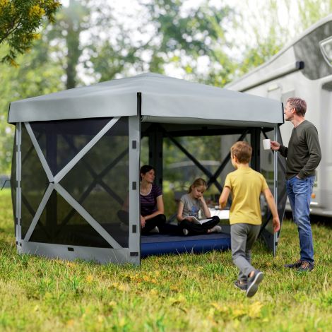 Kuusnurkne paviljon, umbes 3,6x3m veekindel pop-up kokkupandav paviljon 5 külgseinaga, kott, kokkupandav peotelk UV 30+ talvekindel aiatelk aiapaviljon telkimiseks, aeda, festivalile, helehall