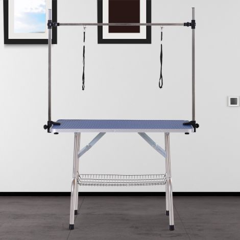 Reguleeritava kõrgusega hoolduslaud kokkupandava alumise korviga koertele, roostevaba teras, sinine, 107x60x170cm, ideaalne hooldamiseks.