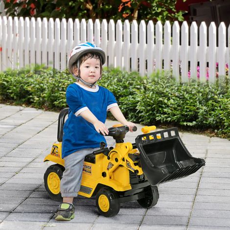 Lükatav auto laste ekskavaator istmega, hoiuruumi ja signaaliga, jooksuratas kollane ja musta värvi, sobib kasutamiseks nii sees kui väljas.