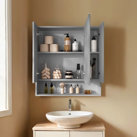 Vannitoakapp 3 uksega, peeglikapp, vannitoakapp, avatud sektsioon, reguleeritavad riiulid, 16,5 x 70 x 75 cm, pilvevalge BBK129W01