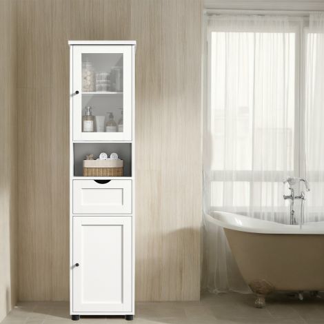 Vannitoakapp, vannitoakapp, kõrge kapp, avatud riiul, klaasuks, kitsas, vannitoamööbel, jalgadega vannitoamööbel, kõrgusreguleeritavad riiulid, ruumisäästlik, valge puidusüüga BBK163T44