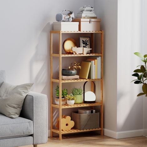 Vannitoariiul, vannitoariiul, põrandariiul, köögiriiul, lillealus, bambusest raamaturiiul, 5 riiuliga, reguleeritavad riiuliplaadid, 60 x 26 x 130 cm BCB35Y