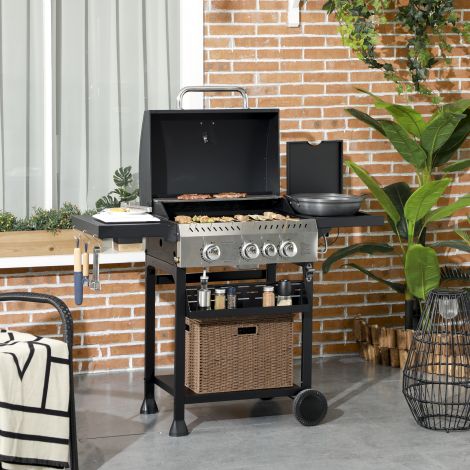 Gaasigrill 3 kW 3+1 põletit BBQ grillkäru roostevabast terasest, sh külgpõleti, termomeeter, grillrest, keeduväli, pudeliavaja, külgriiulid, gaasigrill rõdule, telkimiseks 123 x 52 x 101 cm