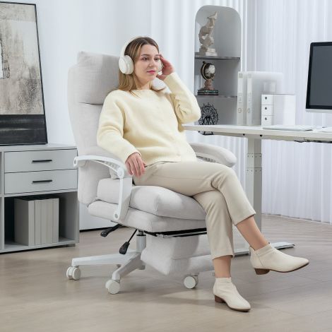 Ergonoomiline kontoritool nimmetoega, kõrge seljatoega, jalatoega, kõrguse reguleeritav pöörlev tool linase välimusega, polsterdatud arvutitool, kreemvalge