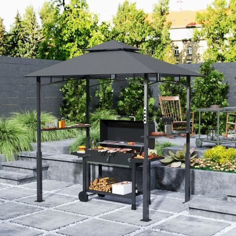Grillpaviljon LED-iga 243 x 148 x 248 cm veekindel leegiaeglustav aiamajake kahekordse katusega, külgriiulitega, aiapaviljon UV-kaitsega, BBQ paviljon metallist grilltelk peo jaoks BBQ hall.