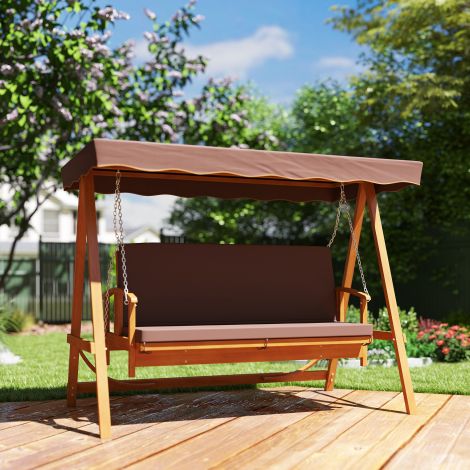 2-ühes Hollywoodi kiik lamamisfunktsiooniga, 3-kohaline puidust aiakiik, puidust kiik päikesevarjuga istmepadjaga, kiikpink kuni 330 kg, aeda, terrassile, 236x130x181 cm, pruun