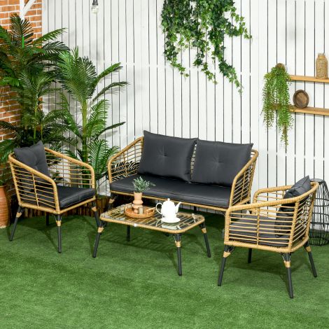 4-osaline aiakomplekt rotangist istumiskomplekt patjadega 3 tugitooli 1 diivanilaud rõdumööbel boho-stiilis 4 inimesele liiv tumehall