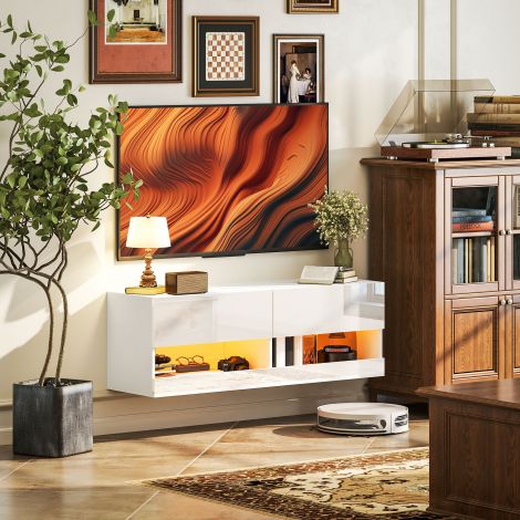 TV-seinakapik värvilise LED-valgustusega, 16 vilkumisrežiimi, seinale paigaldatav TV-kapp, kummut sahtlitega, avatud riiulid, 120 x 35 x 40,5 cm, kõrgläikega valge