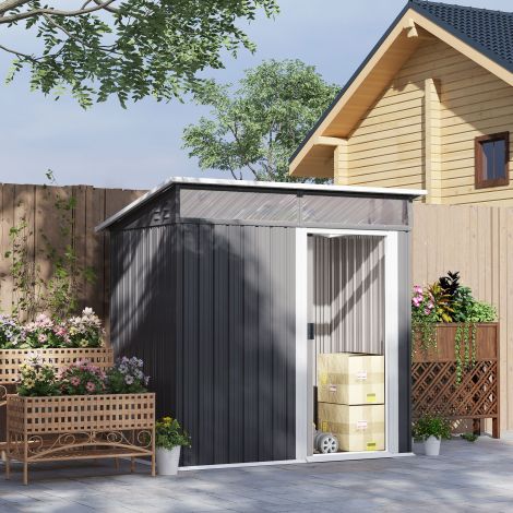 Metallist tööriistakuur 1,9m² 195x122x182cm tööriistakuur vundamendiga kaldkatus aken lükanduks konksud kindad ilmastikukindel aiamaja välikasutuseks aed kuur tagaaeda tumehall