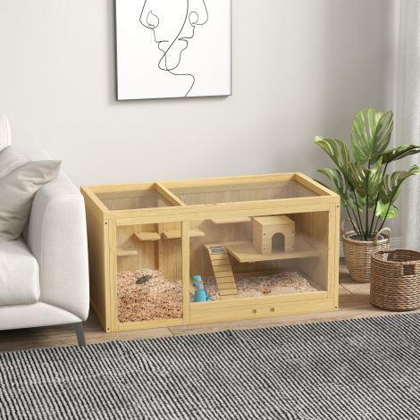 Hamstri puidust puur, väikeloomade aedik, mängumaja liivahiirtele, kiikede, redelite, avatava katuse, majakesega, 100 cm, naturaalne| Aosom