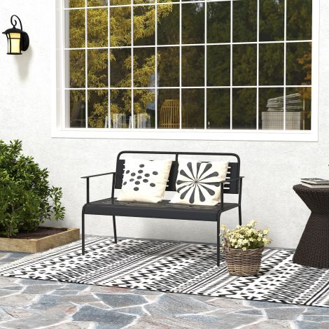 2-kohaline aiamööbel, lamellidega istepink, veekindel aiamööbel selja- ja käetugedega, pargipink 240 kg kandevõimega, rõdupink terrassile, aeda, 121 x 64 x 84 cm, must