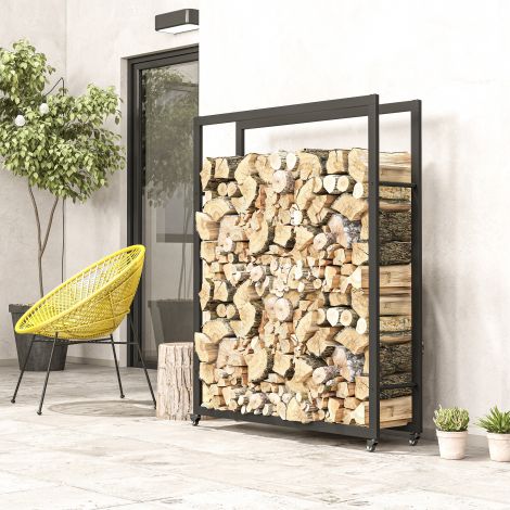 Kaminapuude riiul 120 x 32 x 151 cm küttepuude riiul ratastega, kaminapuude riiul siseruumidesse, välitingimustesse, metall, must