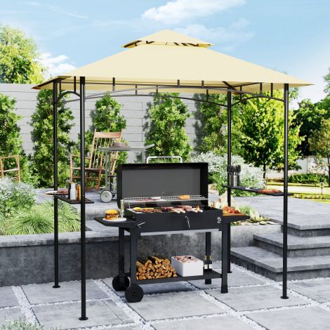 Grillpaviljon LED-iga 240 x 150 x 258 cm veekindel leegiaeglustav aiamajake kahekordse katusega, külgriiulitega, aiapaviljon UV-kaitsega, BBQ paviljon peo BBQ jaoks beež