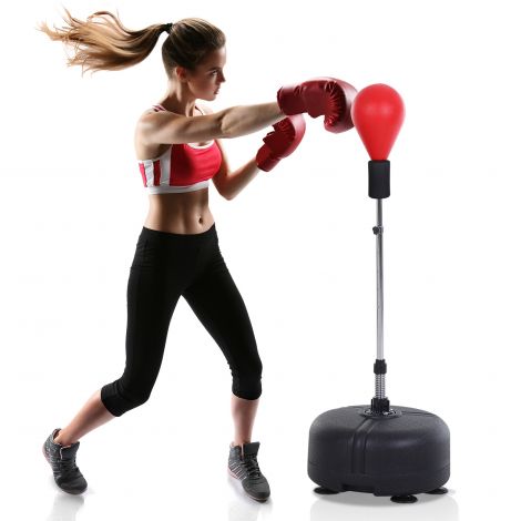 Punchingball alusega, 136-154 cm kõrguse reguleeritav poksikott, seisupoksipall poksikinnastega, noortele ja täiskasvanutele, varustuseks, stressi leevendamiseks, fitnessiks, punane