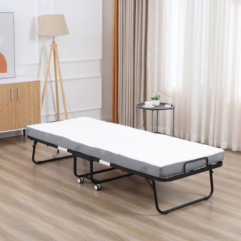 Külalistevoodi kokkupandav voodi ratastega, teras+vahtkumm, valge+must, 200x75x42,5cm| Aosom