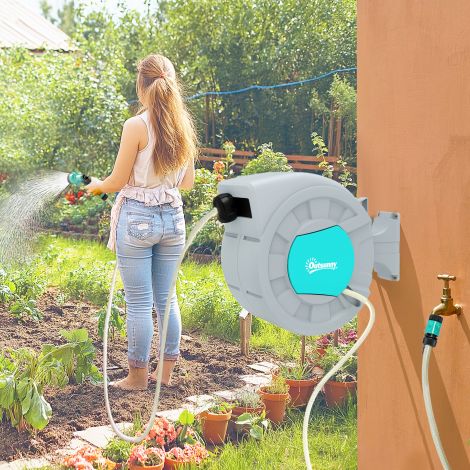 Voolikurull koos 20m aiavoolikuga, 180° pööratav voolikukarp, seinale kinnitatav voolikuhoidik, automaatse kerimisega veevoolikuhoidik, 7-funktsiooniline käsidušš, hall